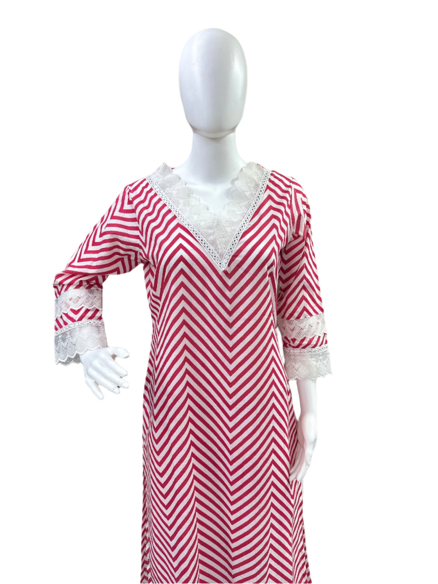 Cotton 3-Piece Set - Zig Zag Pattern Long Top with Lace on Yoke & Sleeves, Floral Straight Pants with Lace Bottom & Printed Dupatta - Feminine Pink