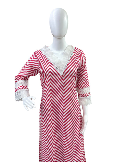 Cotton 3-Piece Set - Zig Zag Pattern Long Top with Lace on Yoke & Sleeves, Floral Straight Pants with Lace Bottom & Printed Dupatta - Feminine Pink
