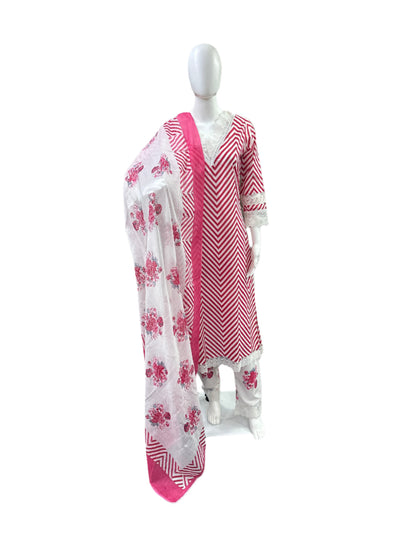 Cotton 3-Piece Set - Zig Zag Pattern Long Top with Lace on Yoke & Sleeves, Floral Straight Pants with Lace Bottom & Printed Dupatta - Feminine Pink