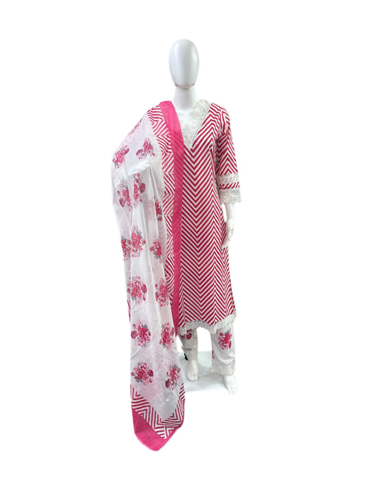 Cotton 3-Piece Set - Zig Zag Pattern Long Top with Lace on Yoke & Sleeves, Floral Straight Pants with Lace Bottom & Printed Dupatta - Feminine Pink