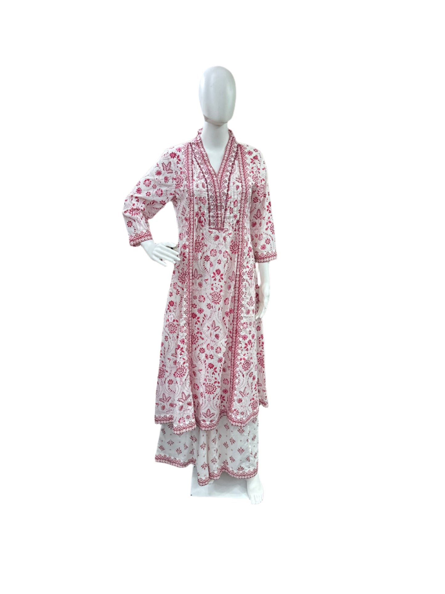 Cotton 3-Piece Set - Floral A-Line Top with Mirror Work on Yoke, Flowing Divider & Mul Dupatta - Elegant Pink & White