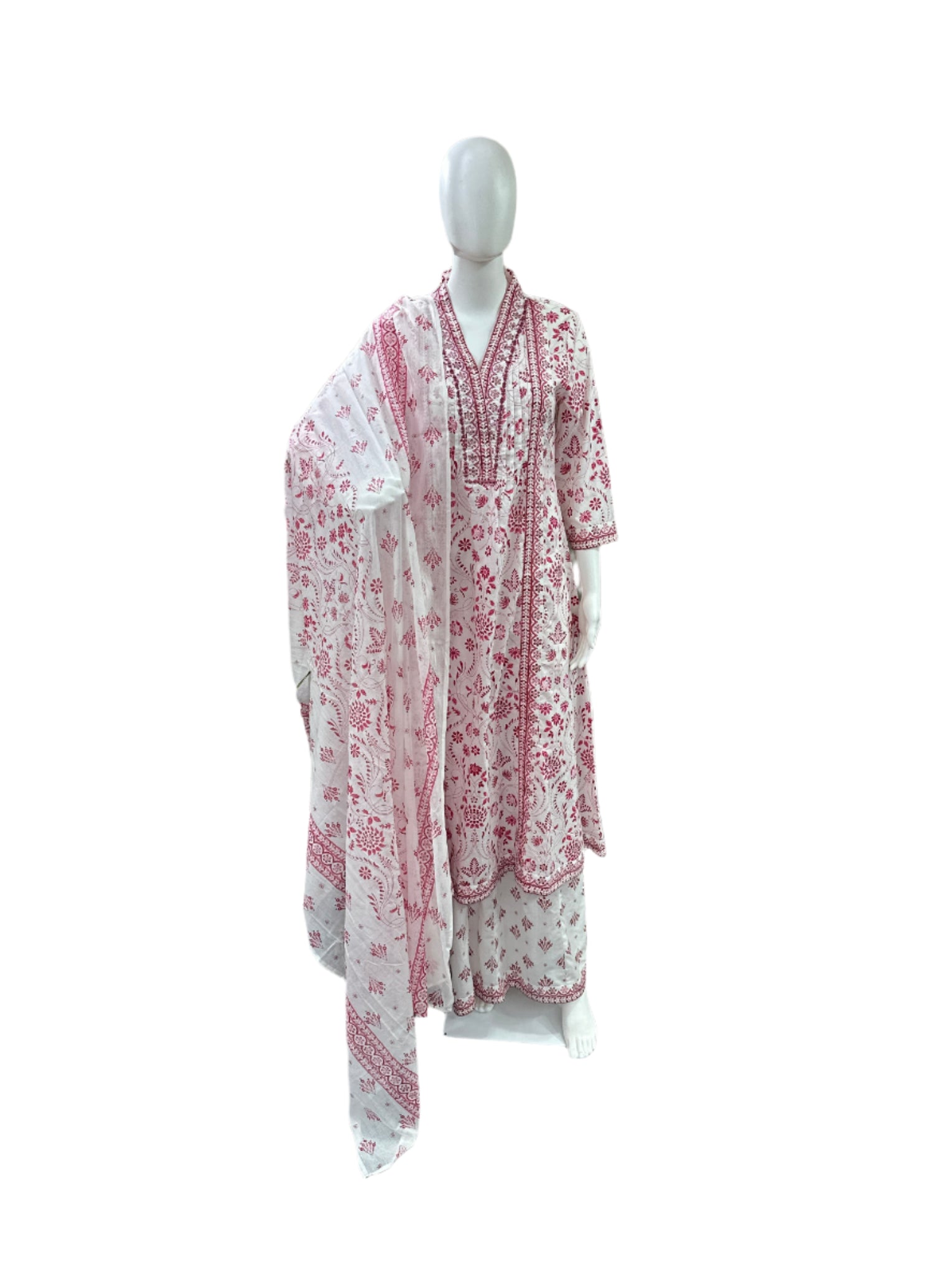 Cotton 3-Piece Set - Floral A-Line Top with Mirror Work on Yoke, Flowing Divider & Mul Dupatta - Elegant Pink & White