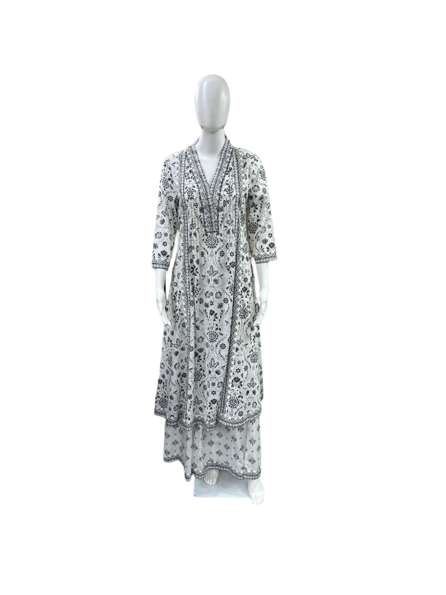 Cotton 3-Piece Set - Floral A-Line Top with Mirror Work on Yoke, Flowing Divider & Mul Dupatta - Classic Black & White