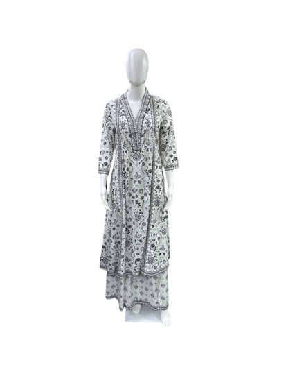 Cotton 3-Piece Set - Floral A-Line Top with Mirror Work on Yoke, Flowing Divider & Mul Dupatta - Classic Black & White