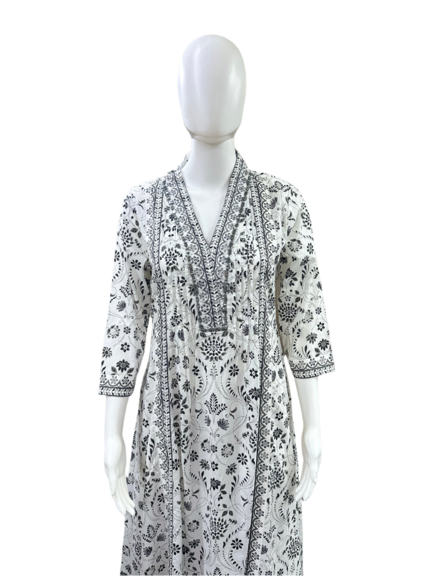 Cotton 3-Piece Set - Floral A-Line Top with Mirror Work on Yoke, Flowing Divider & Mul Dupatta - Classic Black & White