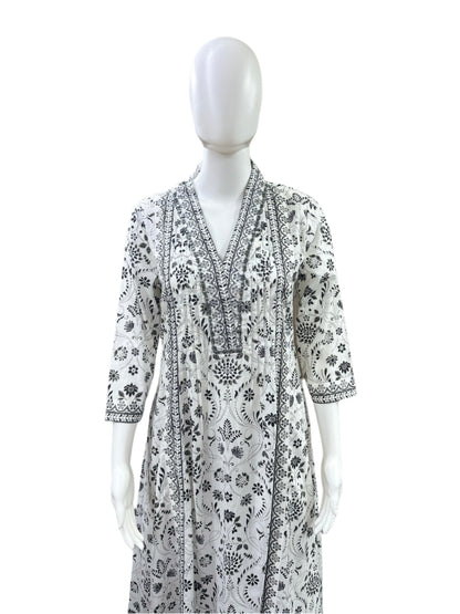 Cotton 3-Piece Set - Floral A-Line Top with Mirror Work on Yoke, Flowing Divider & Mul Dupatta - Classic Black & White
