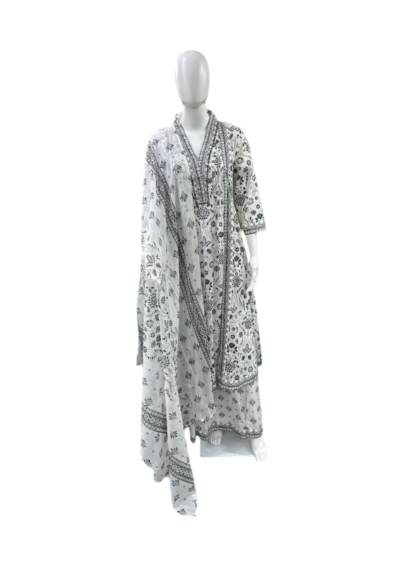 Cotton 3-Piece Set - Floral A-Line Top with Mirror Work on Yoke, Flowing Divider & Mul Dupatta - Classic Black & White