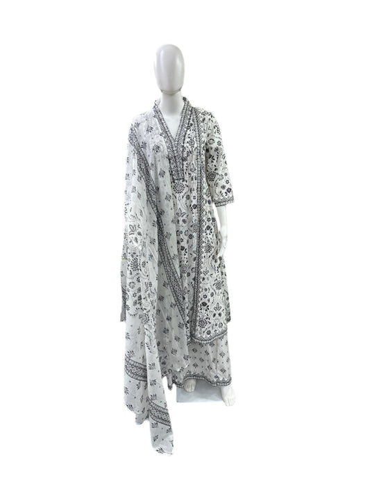 Cotton 3-Piece Set - Floral A-Line Top with Mirror Work on Yoke, Flowing Divider & Mul Dupatta - Classic Black & White