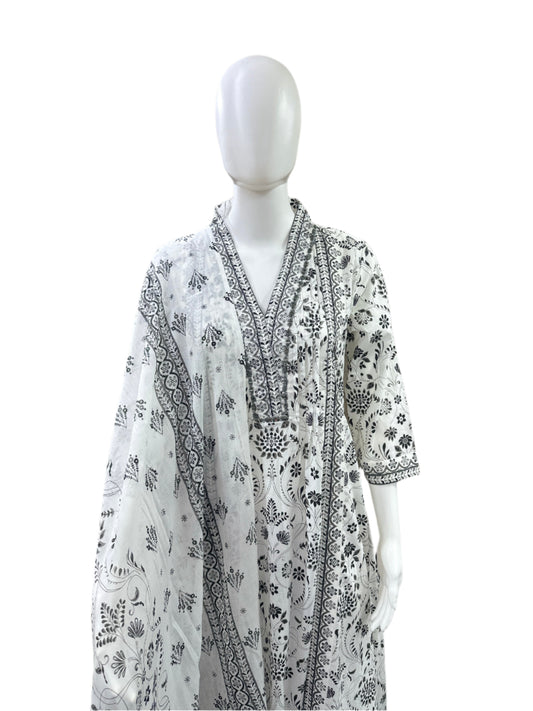 Cotton 3-Piece Set - Floral A-Line Top with Mirror Work on Yoke, Flowing Divider & Mul Dupatta - Classic Black & White