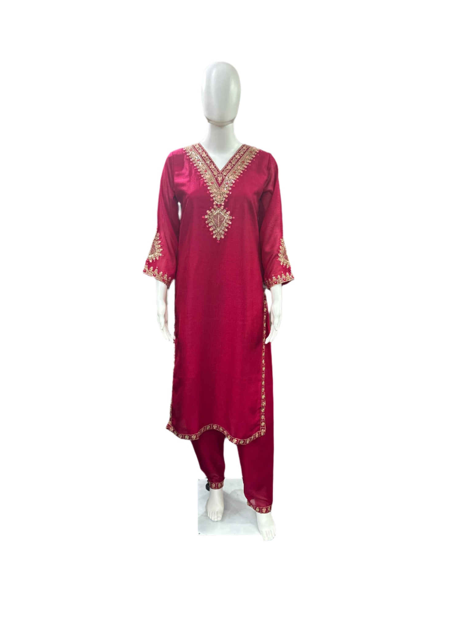 Chinnon 3-Piece Set with Potli - Straight Top with Heavy Thread Embroidery & Sequence Work on Yoke, Back & Lacework on Hemline with Lining, Straight Pants with Lining & Heavy Embroidered Dupatta - Vibrant Magenta Pink