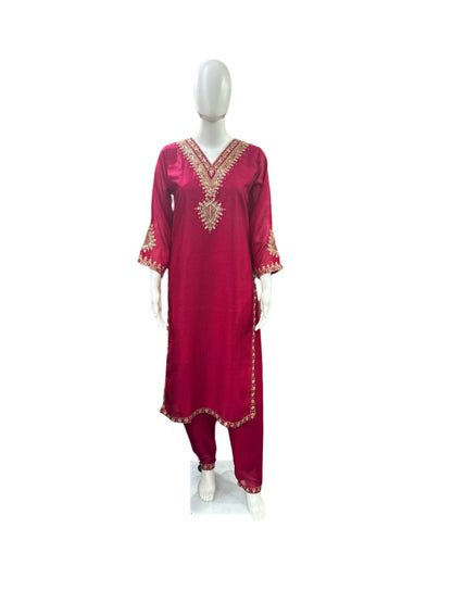 Chinnon 3-Piece Set with Potli - Straight Top with Heavy Thread Embroidery & Sequence Work on Yoke, Back & Lacework on Hemline with Lining, Straight Pants with Lining & Heavy Embroidered Dupatta - Vibrant Magenta Pink