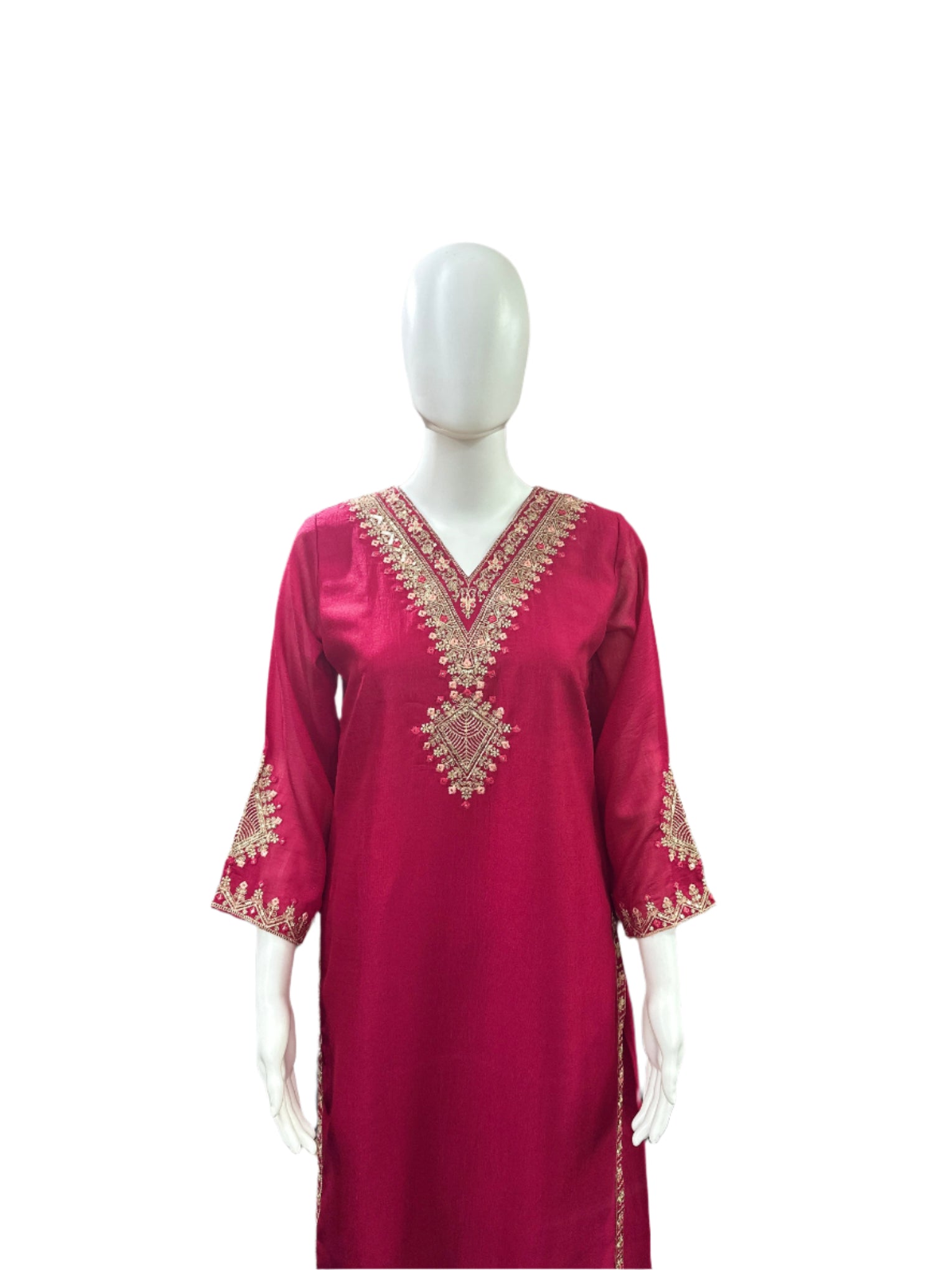 Chinnon 3-Piece Set with Potli - Straight Top with Heavy Thread Embroidery & Sequence Work on Yoke, Back & Lacework on Hemline with Lining, Straight Pants with Lining & Heavy Embroidered Dupatta - Vibrant Magenta Pink