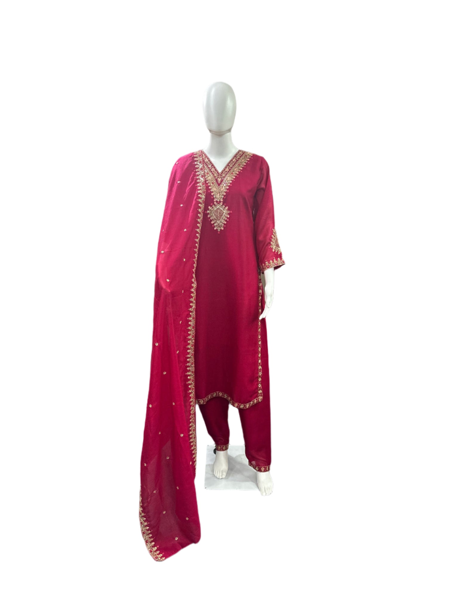 Chinnon 3-Piece Set with Potli - Straight Top with Heavy Thread Embroidery & Sequence Work on Yoke, Back & Lacework on Hemline with Lining, Straight Pants with Lining & Heavy Embroidered Dupatta - Vibrant Magenta Pink