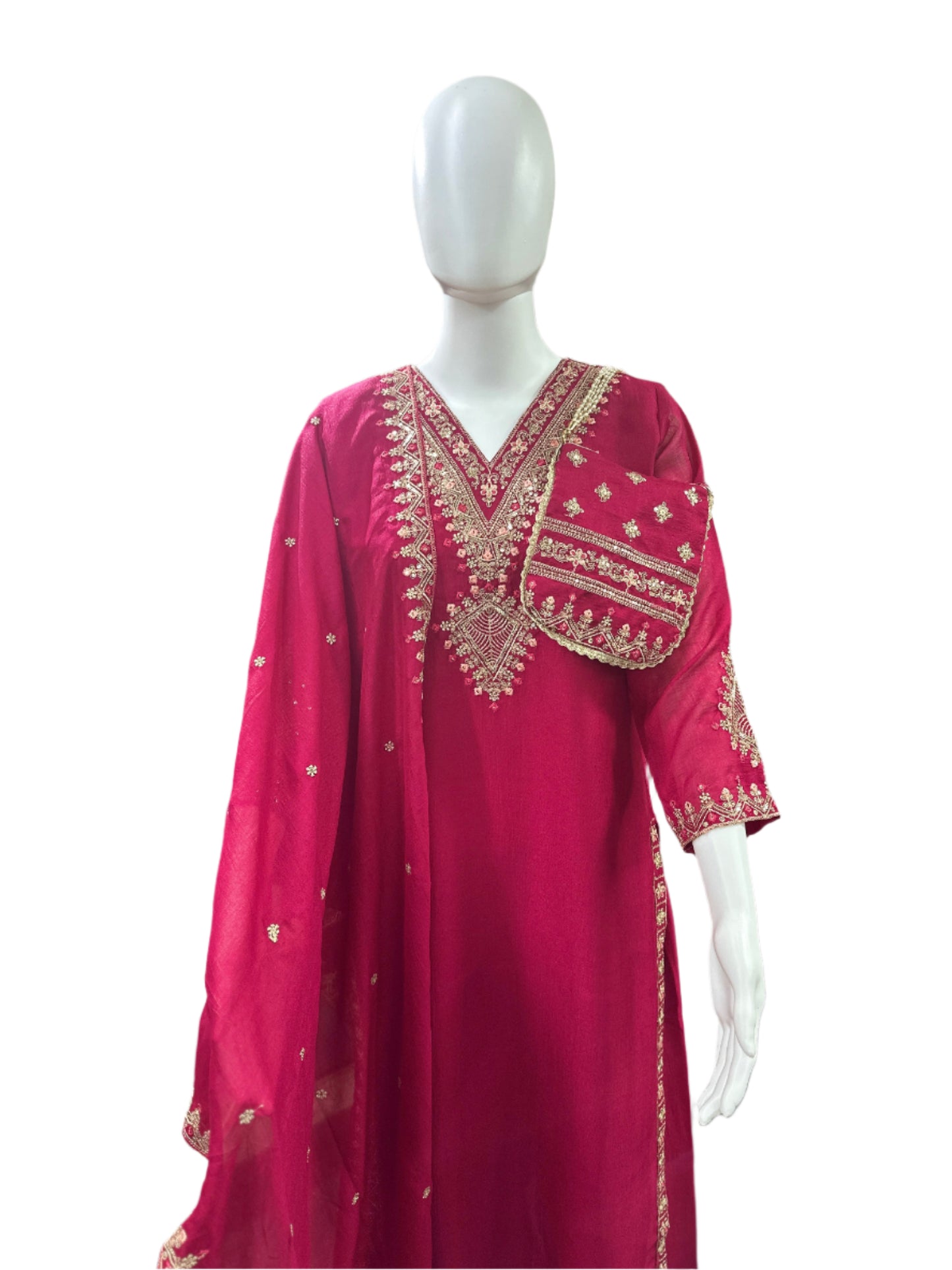 Chinnon 3-Piece Set with Potli - Straight Top with Heavy Thread Embroidery & Sequence Work on Yoke, Back & Lacework on Hemline with Lining, Straight Pants with Lining & Heavy Embroidered Dupatta - Vibrant Magenta Pink