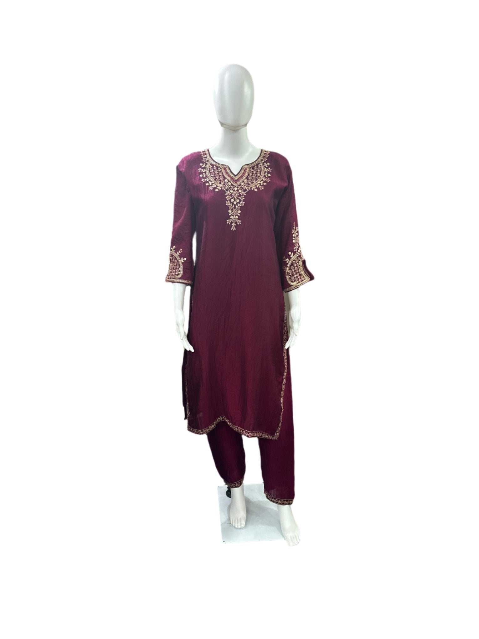 Chinnon 3-Piece Set - Straight Top with Heavy Thread Embroidery & Sequence Work on Yoke, Back & Lacework on Hemline with Lining, Straight Pants with Lining & Heavy Embroidered Dupatta - Rich Wine