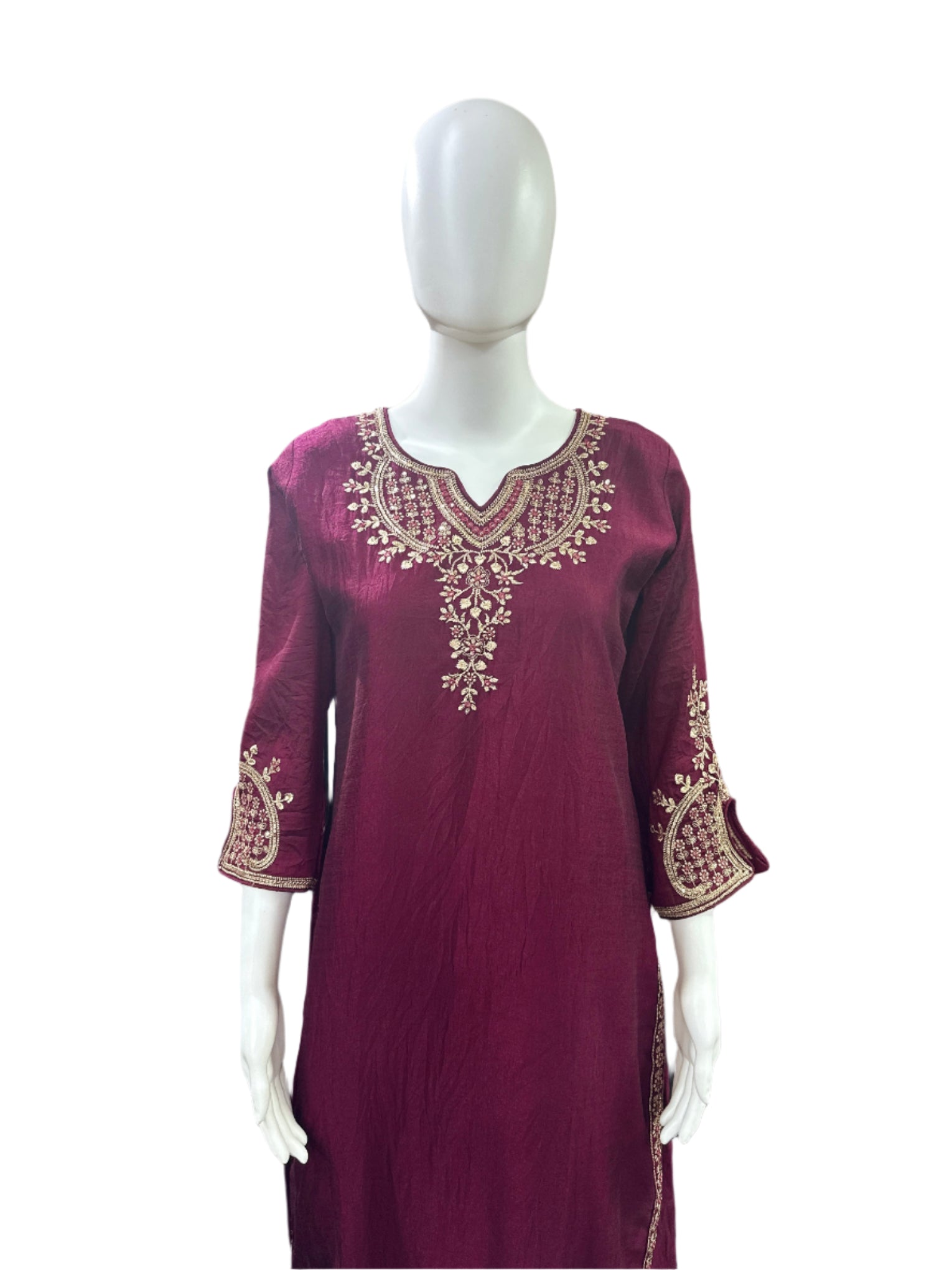 Chinnon 3-Piece Set - Straight Top with Heavy Thread Embroidery & Sequence Work on Yoke, Back & Lacework on Hemline with Lining, Straight Pants with Lining & Heavy Embroidered Dupatta - Rich Wine