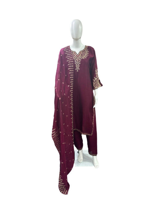 Chinnon 3-Piece Set - Straight Top with Heavy Thread Embroidery & Sequence Work on Yoke, Back & Lacework on Hemline with Lining, Straight Pants with Lining & Heavy Embroidered Dupatta - Rich Wine