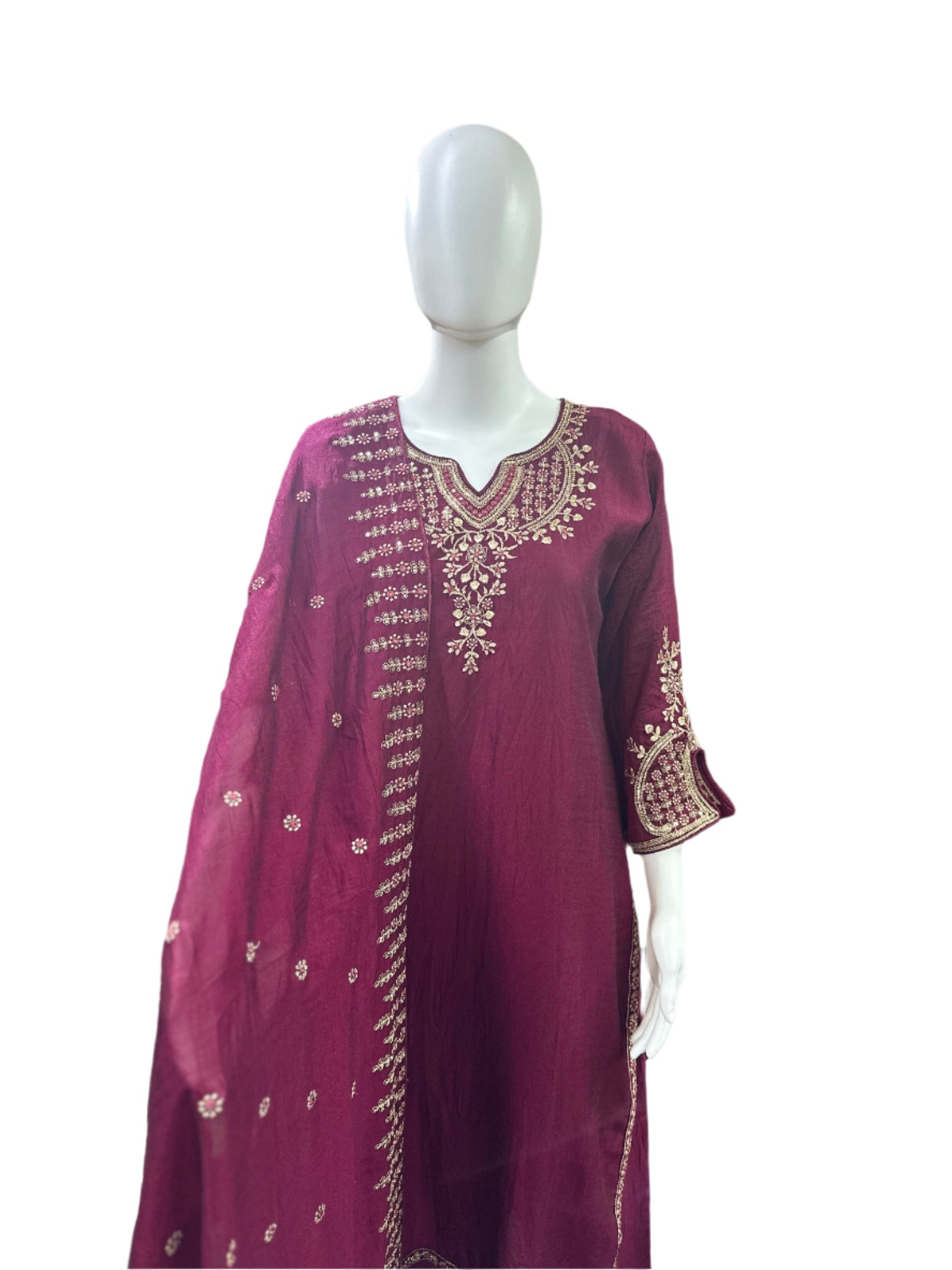 Chinnon 3-Piece Set - Straight Top with Heavy Thread Embroidery & Sequence Work on Yoke, Back & Lacework on Hemline with Lining, Straight Pants with Lining & Heavy Embroidered Dupatta - Rich Wine