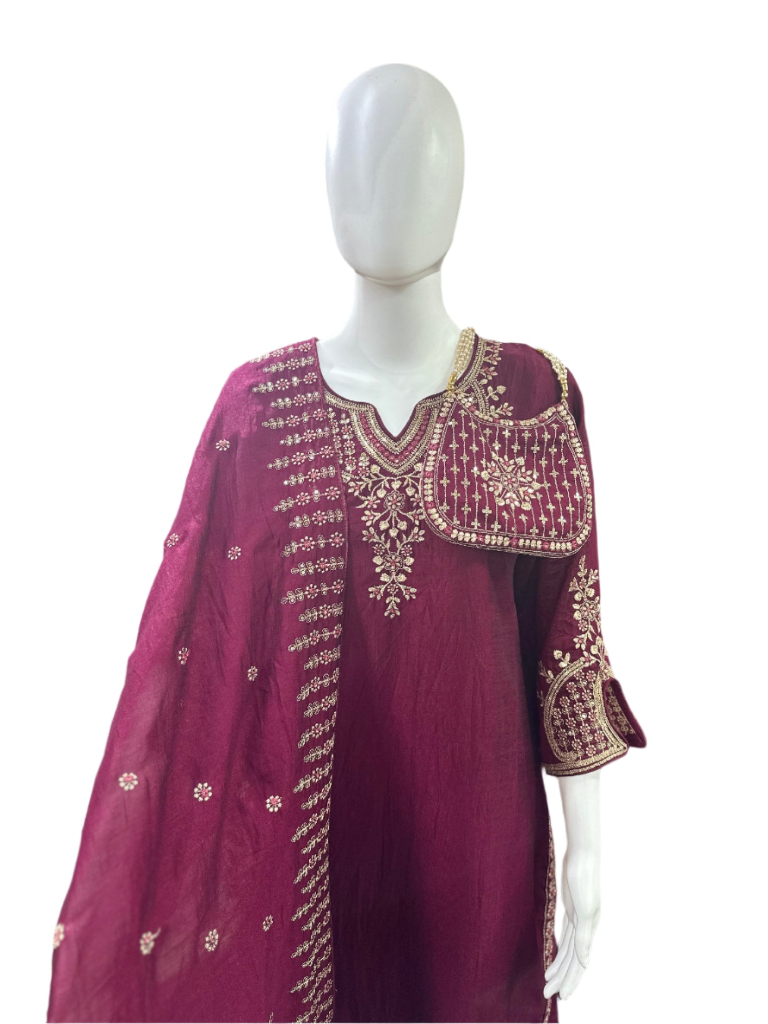 Chinnon 3-Piece Set - Straight Top with Heavy Thread Embroidery & Sequence Work on Yoke, Back & Lacework on Hemline with Lining, Straight Pants with Lining & Heavy Embroidered Dupatta - Rich Wine