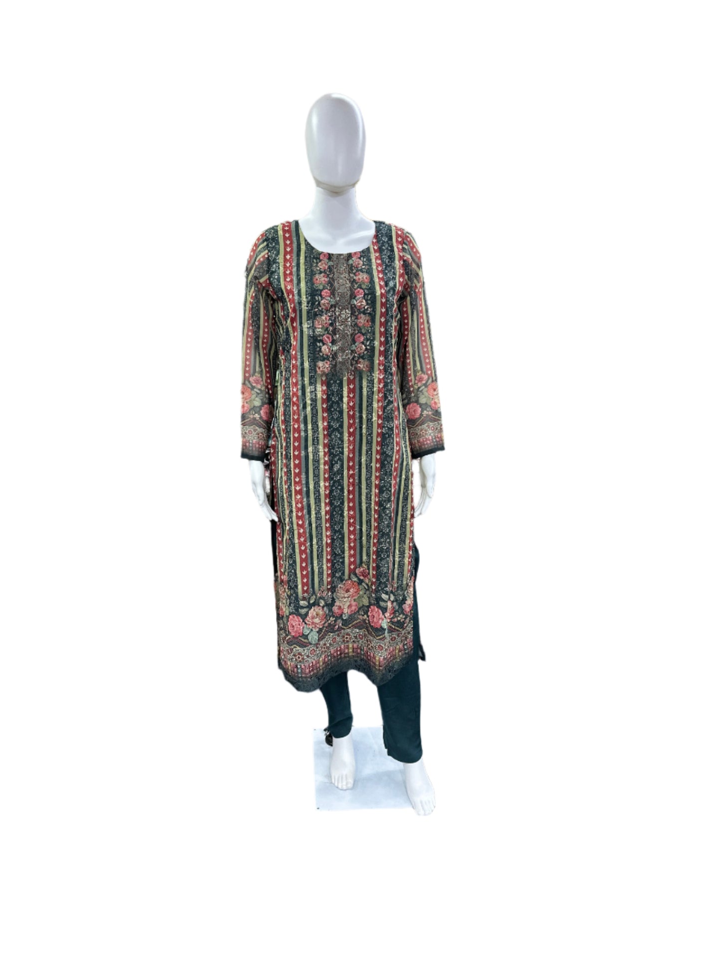 Muslin 3-Piece Set - Floral Thread Embroidery Straight Top with Lining, Straight Pants & Printed Dupatta with Cutwork - Rich Bottle Green