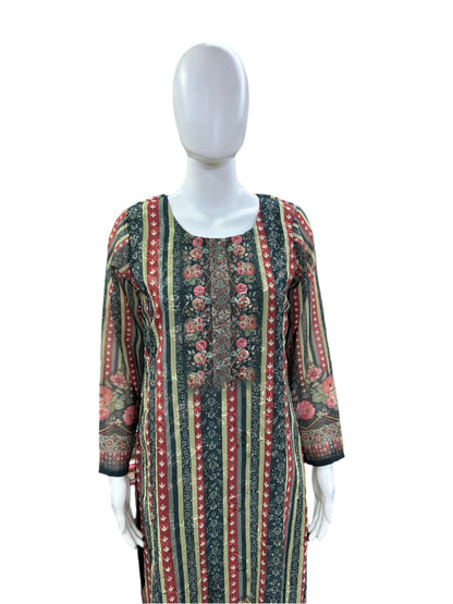 Muslin 3-Piece Set - Floral Thread Embroidery Straight Top with Lining, Straight Pants & Printed Dupatta with Cutwork - Rich Bottle Green