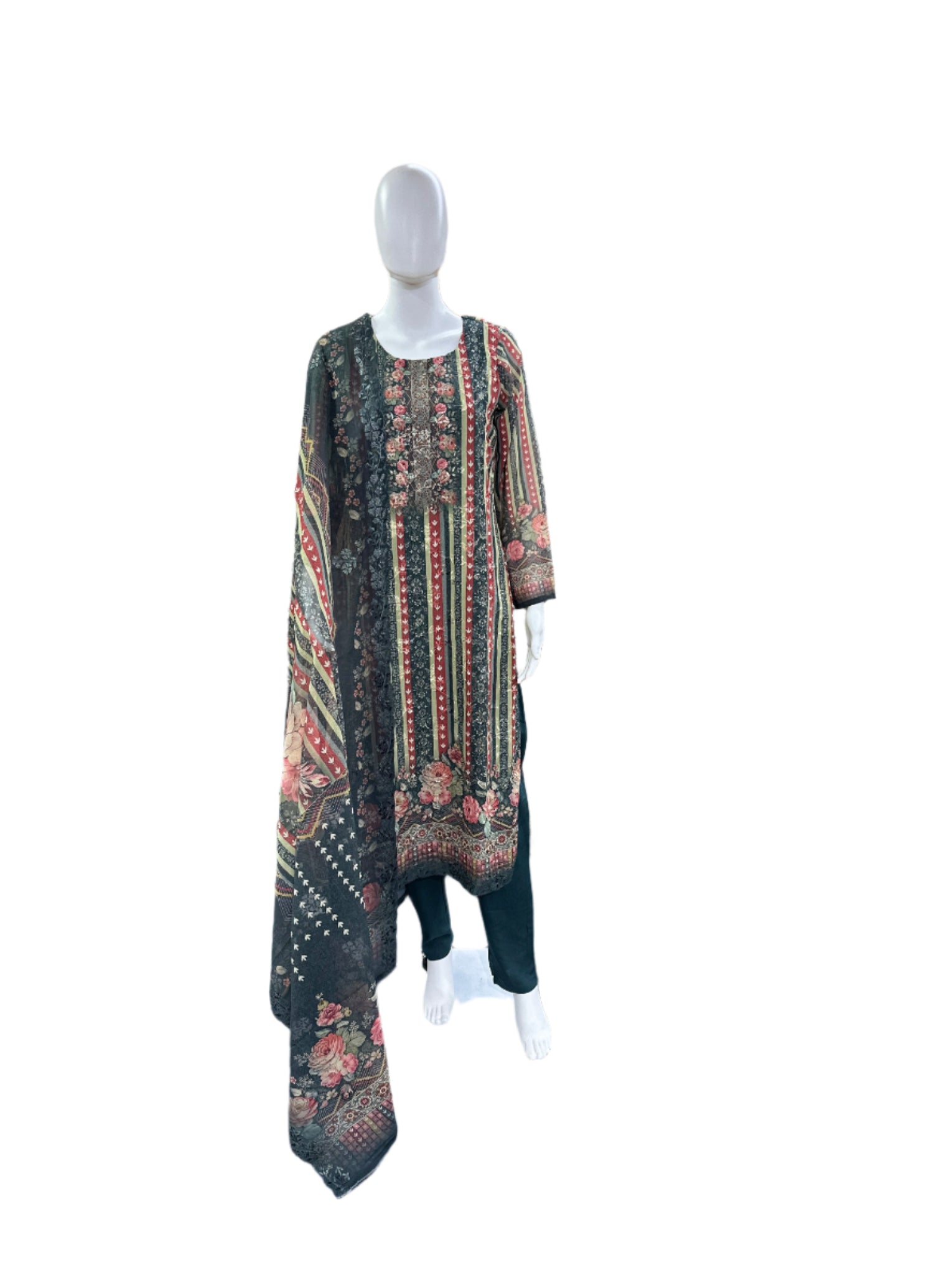 Muslin 3-Piece Set - Floral Thread Embroidery Straight Top with Lining, Straight Pants & Printed Dupatta with Cutwork - Rich Bottle Green