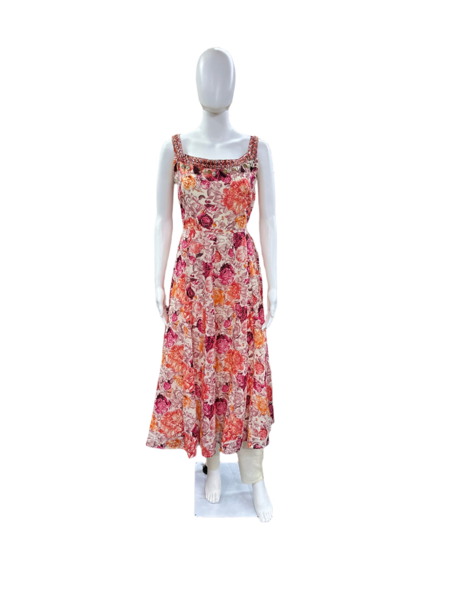 Cotton 3-Piece Set - Floral Sleeveless Round Top with Lining, Straight Pants & Dual Shade Kota Doria Dupatta - Elegant Beige/Pink