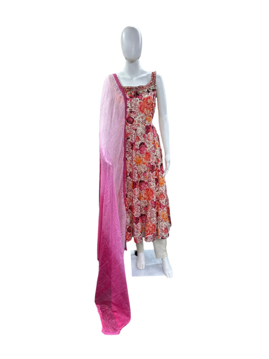 Cotton 3-Piece Set - Floral Sleeveless Round Top with Lining, Straight Pants & Dual Shade Kota Doria Dupatta - Elegant Beige/Pink