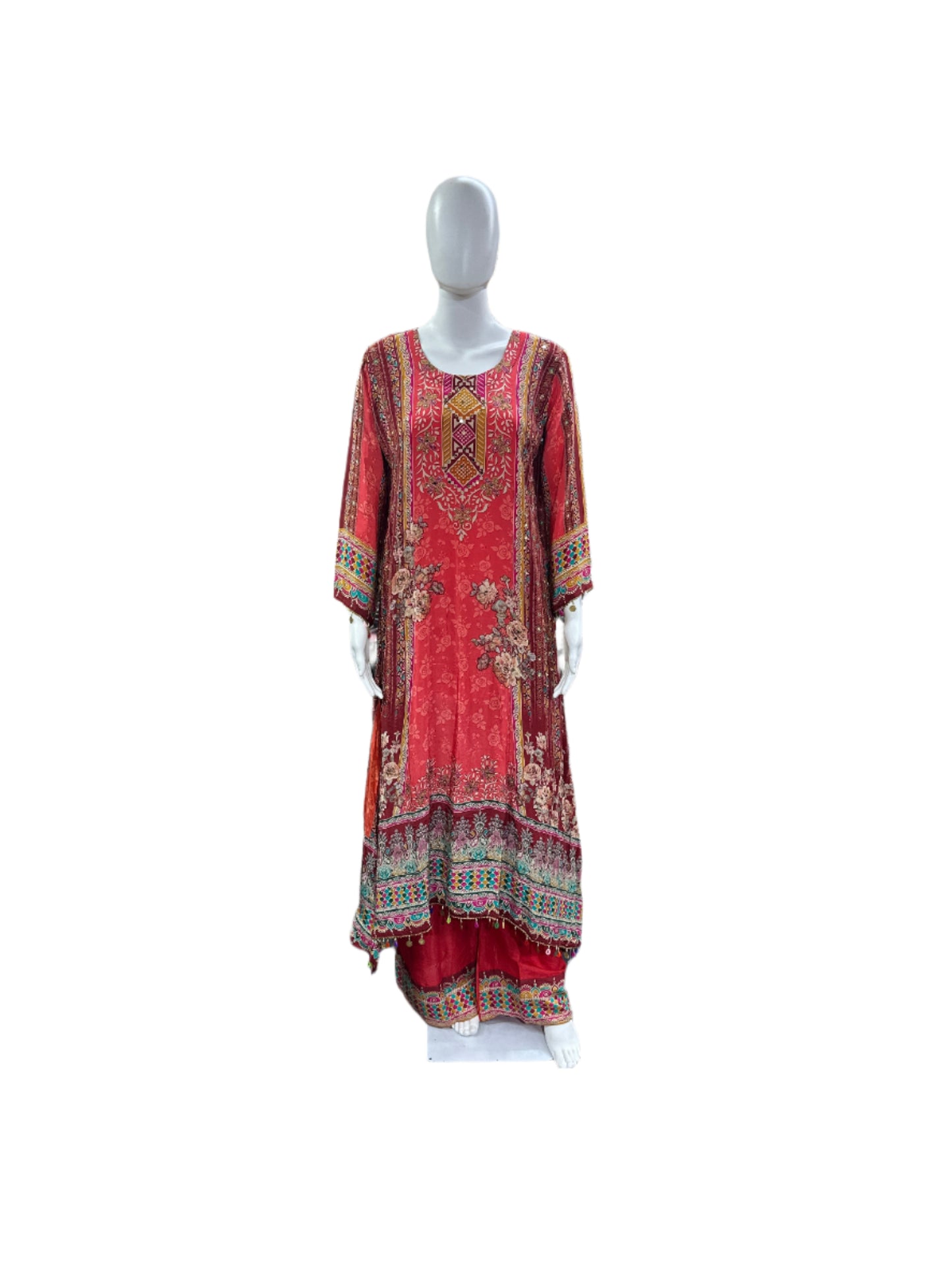 Pure Crepe 3-Piece Set - A-Line Kurta with Mul Cotton Lining, Palazzo & Dupatta with Border - Vibrant Orange