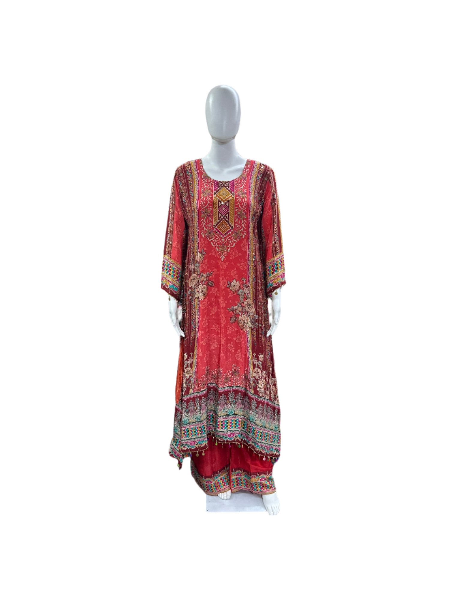 Pure Crepe 3-Piece Set - A-Line Kurta with Mul Cotton Lining, Palazzo & Dupatta with Border - Vibrant Orange