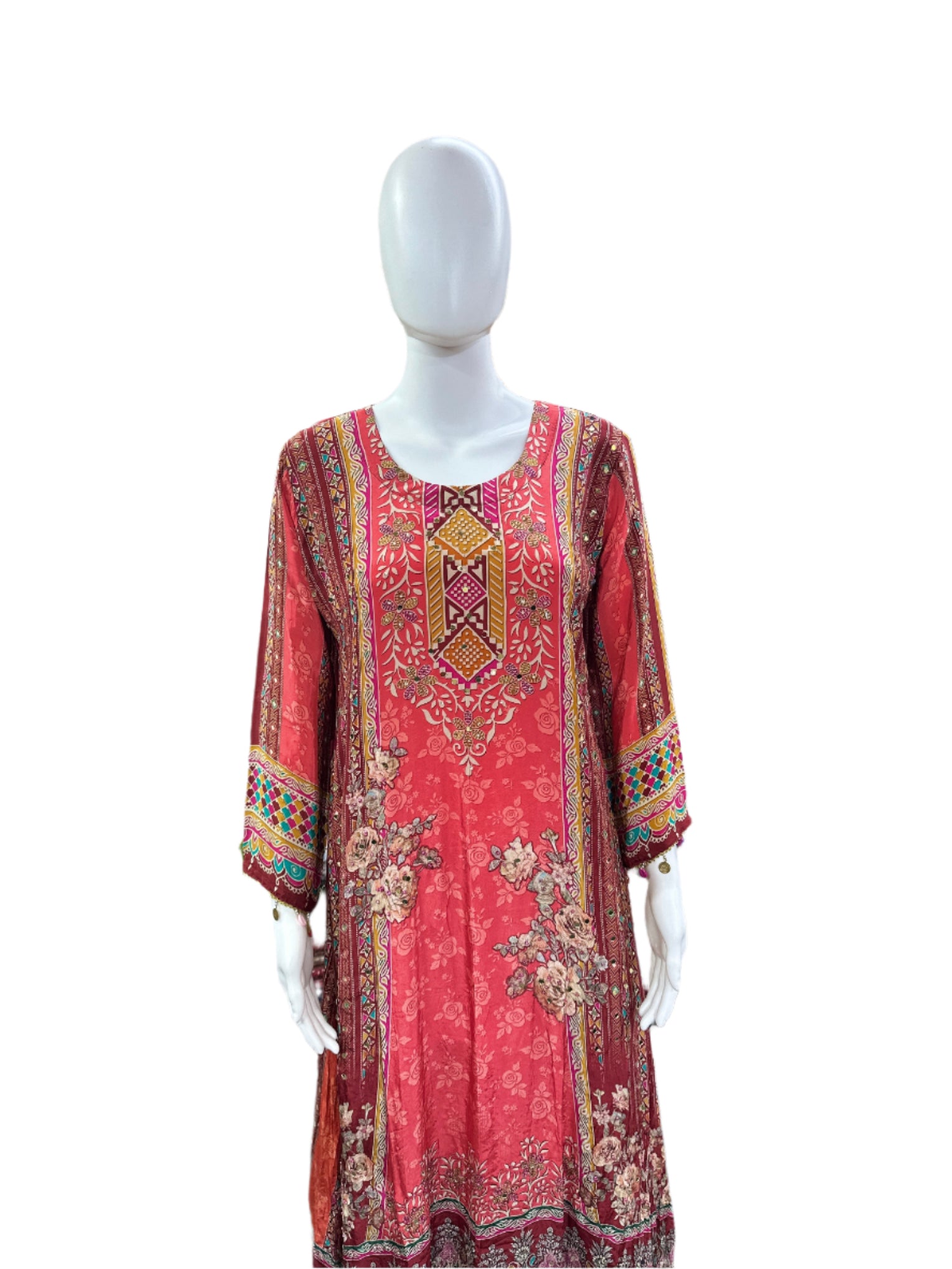 Pure Crepe 3-Piece Set - A-Line Kurta with Mul Cotton Lining, Palazzo & Dupatta with Border - Vibrant Orange