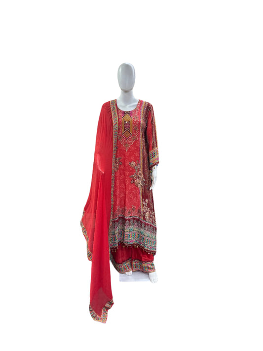 Pure Crepe 3-Piece Set - A-Line Kurta with Mul Cotton Lining, Palazzo & Dupatta with Border - Vibrant Orange