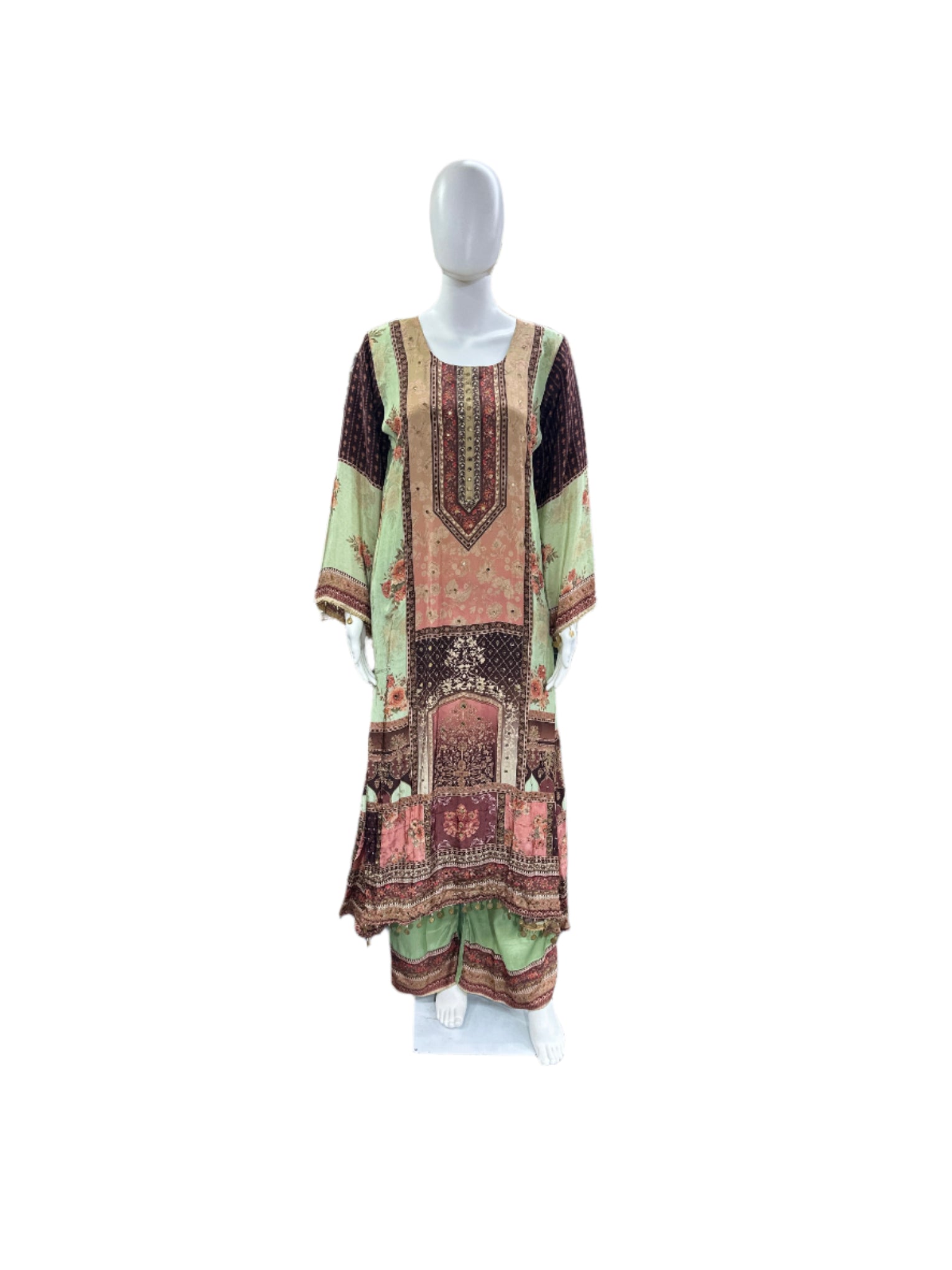 Pure Crepe 3-Piece Set - A-Line Kurta with Mul Cotton Lining, Palazzo & Dupatta with Border - Natural Light Green & Brown