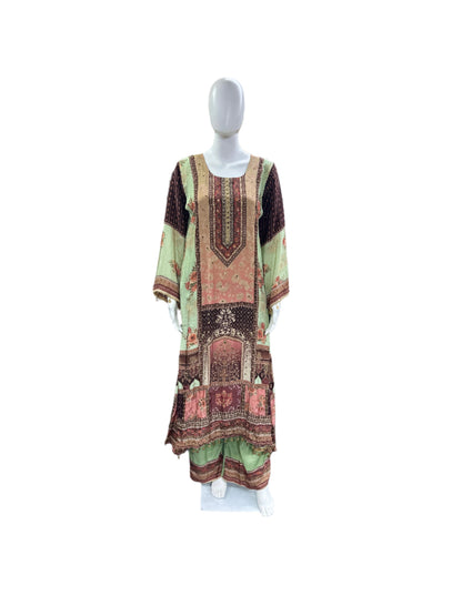 Pure Crepe 3-Piece Set - A-Line Kurta with Mul Cotton Lining, Palazzo & Dupatta with Border - Natural Light Green & Brown