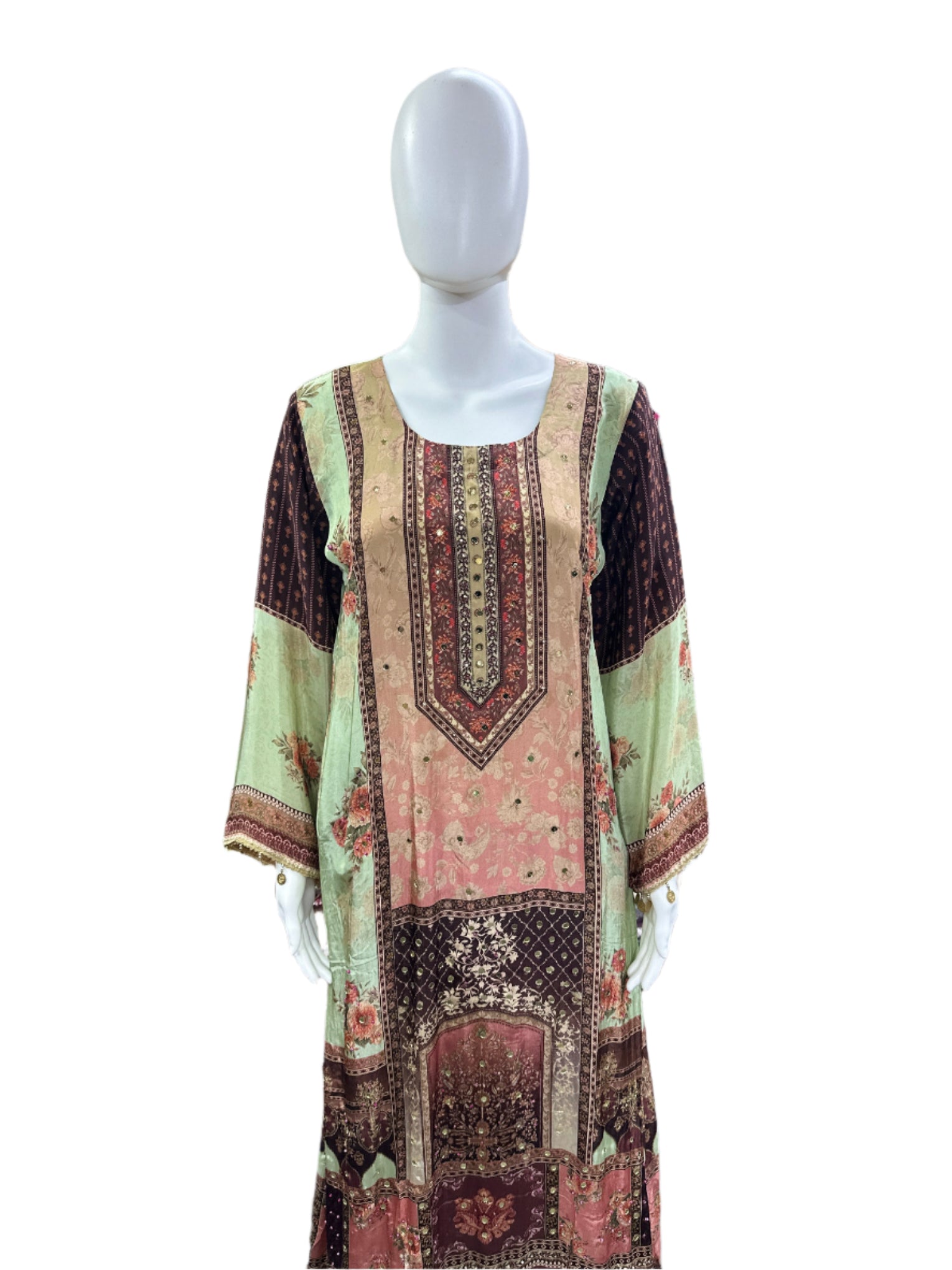Pure Crepe 3-Piece Set - A-Line Kurta with Mul Cotton Lining, Palazzo & Dupatta with Border - Natural Light Green & Brown