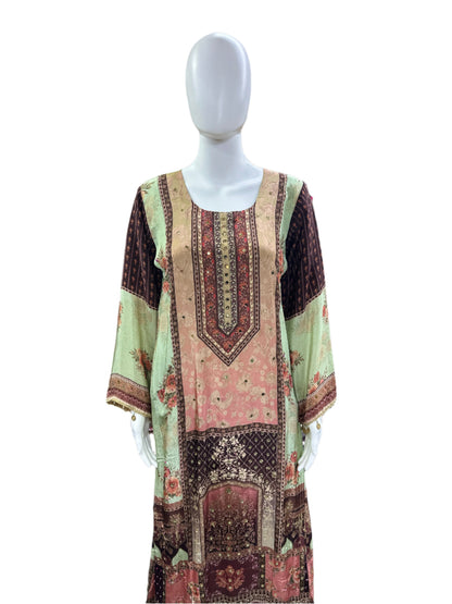 Pure Crepe 3-Piece Set - A-Line Kurta with Mul Cotton Lining, Palazzo & Dupatta with Border - Natural Light Green & Brown