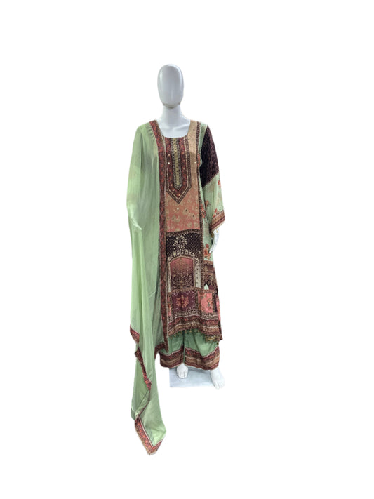 Pure Crepe 3-Piece Set - A-Line Kurta with Mul Cotton Lining, Palazzo & Dupatta with Border - Natural Light Green & Brown
