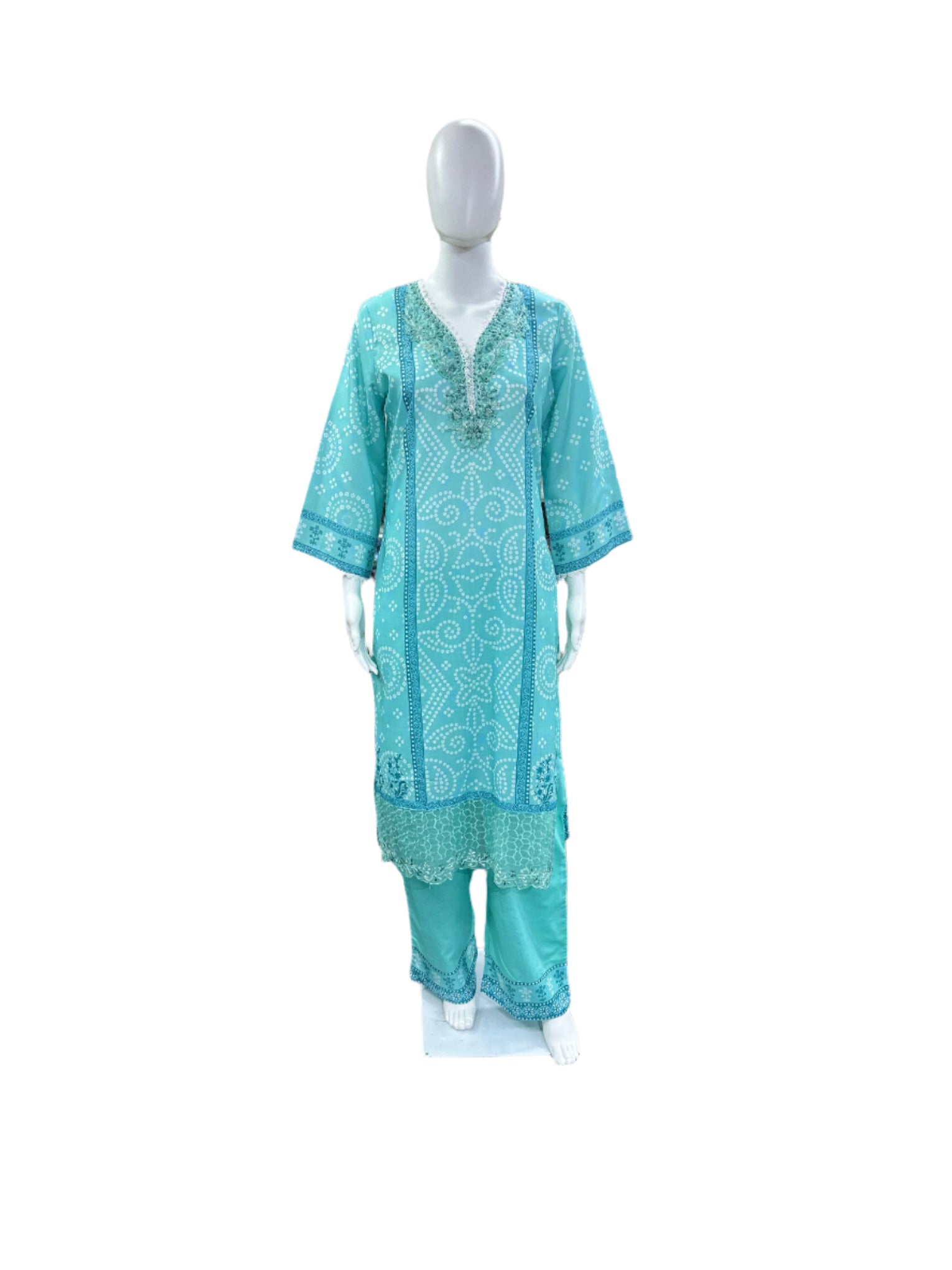 Cotton 3-Piece Set - Bandhej Pattern Straight Top with Bell Sleeves & Lacework on Yoke & Hemline, Palazzo Pants & Dupatta with Cutwork - Serene Sea Blue