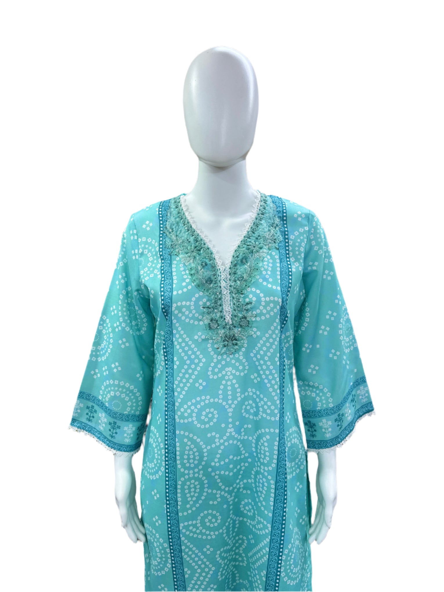 Cotton 3-Piece Set - Bandhej Pattern Straight Top with Bell Sleeves & Lacework on Yoke & Hemline, Palazzo Pants & Dupatta with Cutwork - Serene Sea Blue