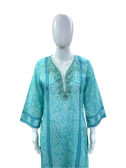 Cotton 3-Piece Set - Bandhej Pattern Straight Top with Bell Sleeves & Lacework on Yoke & Hemline, Palazzo Pants & Dupatta with Cutwork - Serene Sea Blue