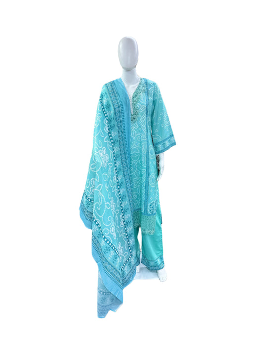 Cotton 3-Piece Set - Bandhej Pattern Straight Top with Bell Sleeves & Lacework on Yoke & Hemline, Palazzo Pants & Dupatta with Cutwork - Serene Sea Blue