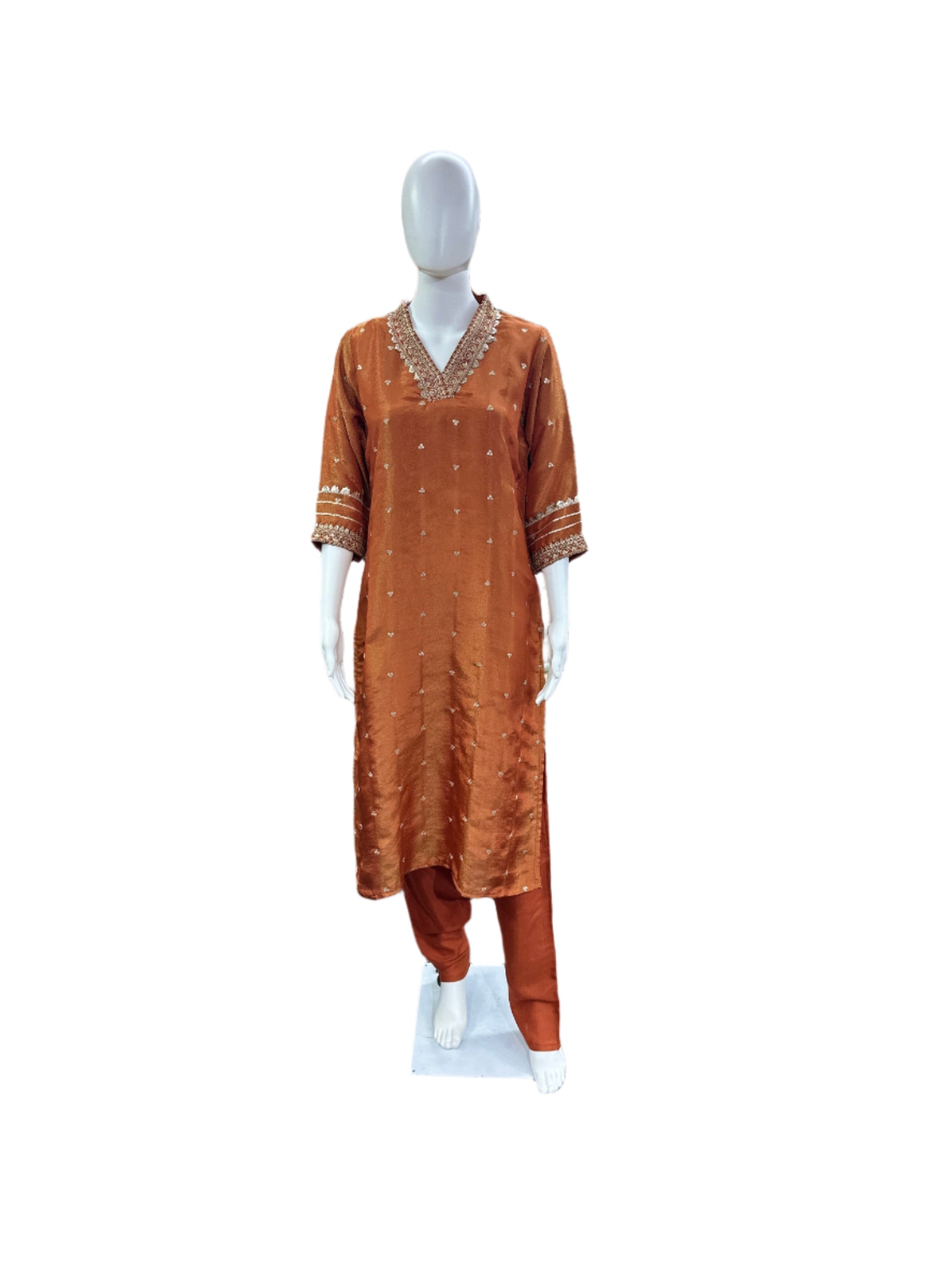 Shimmer Silk 3-Piece Set - A-Line Straight Top with Heavy Lacework on Yoke, Straight Pants & Jacquard Dupatta - Warm Rust