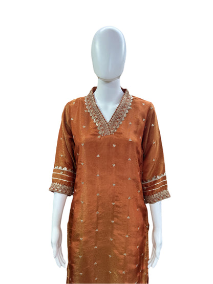 Shimmer Silk 3-Piece Set - A-Line Straight Top with Heavy Lacework on Yoke, Straight Pants & Jacquard Dupatta - Warm Rust