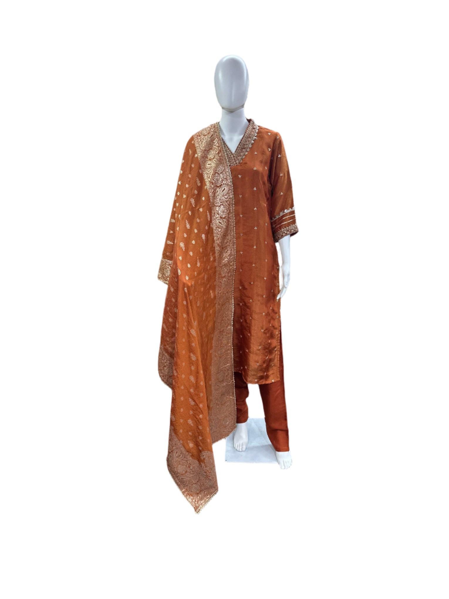 Shimmer Silk 3-Piece Set - A-Line Straight Top with Heavy Lacework on Yoke, Straight Pants & Jacquard Dupatta - Warm Rust