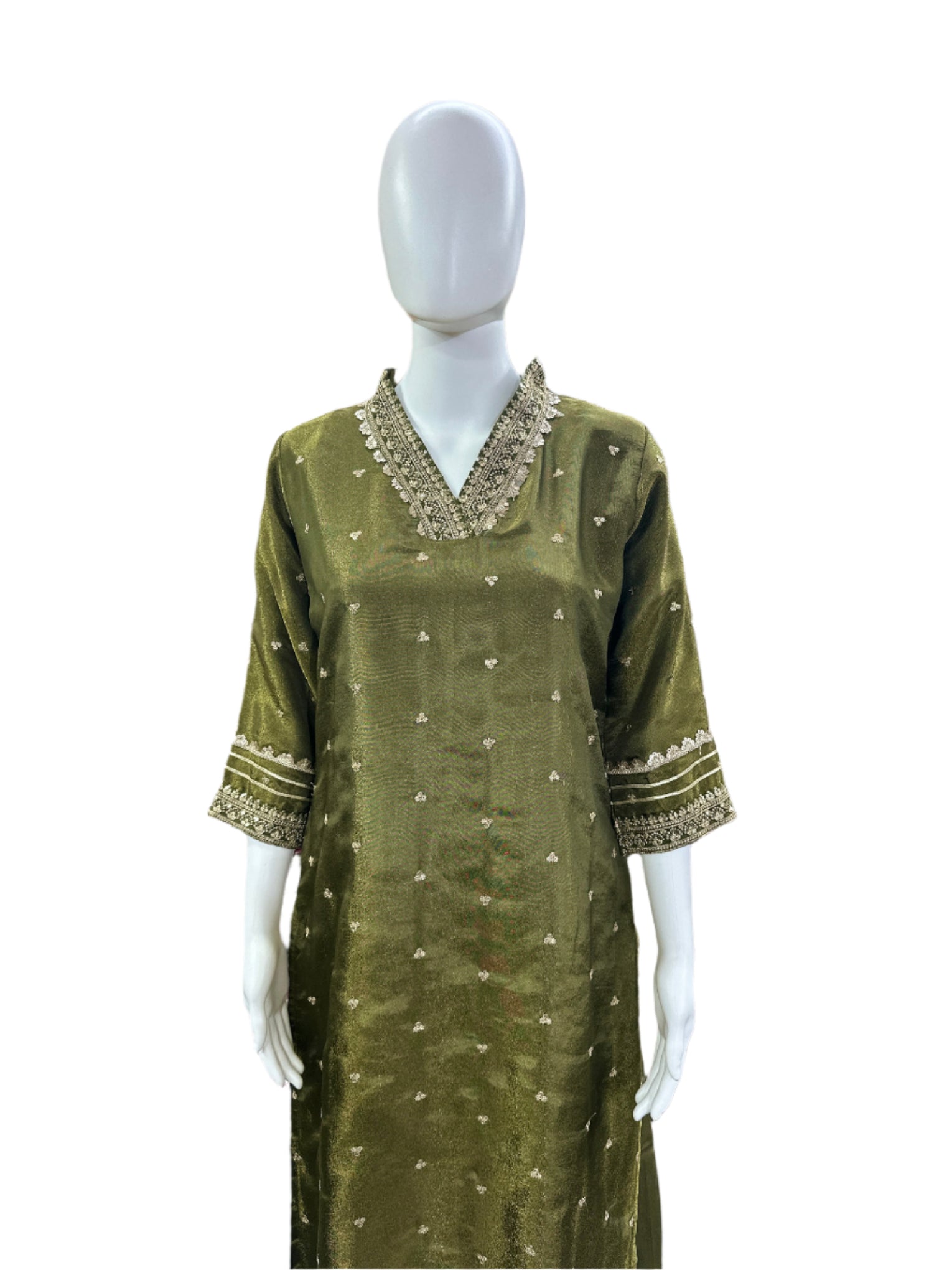 Shimmer Silk 3-Piece Set - A-Line Straight Top with Heavy Lacework on Yoke, Straight Pants & Jacquard Dupatta - Luxurious Dark Green