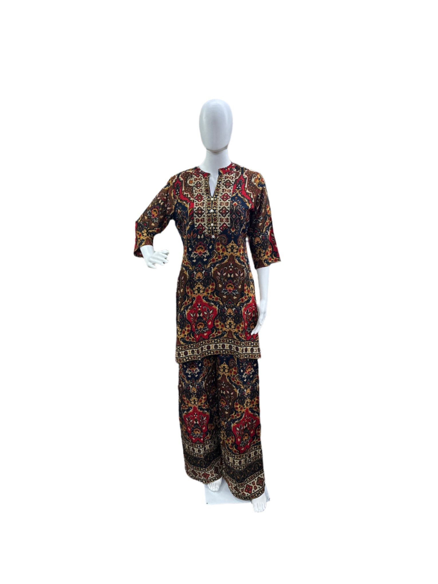 Premium Rayon Co-Ord Set - Traditional Kantha Work on Yoke & Flowing Palazzo - Vibrant Multi-Color