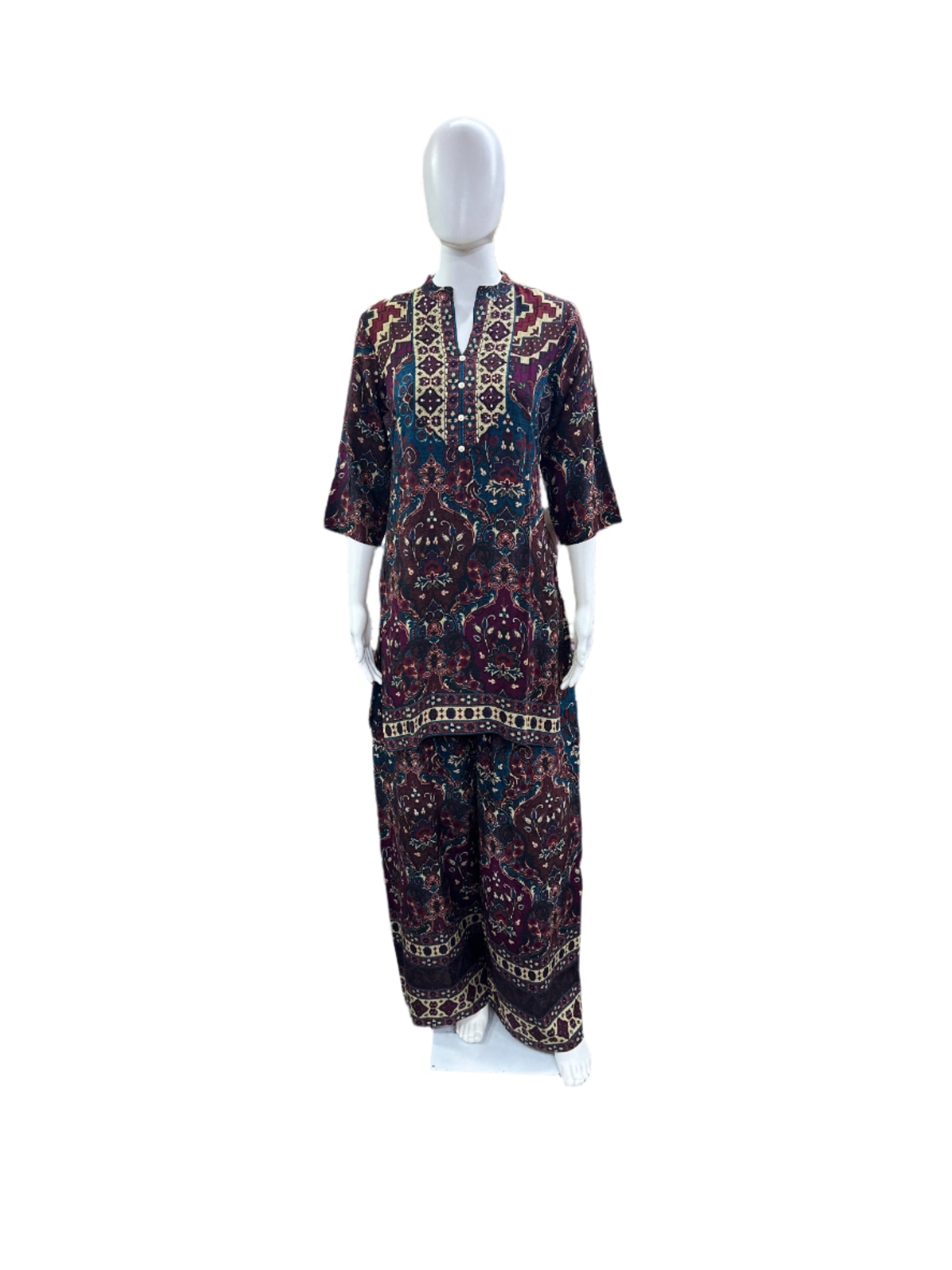 Premium Rayon Co-Ord Set - Traditional Kantha Work on Yoke & Flowing Palazzo - Vibrant Multi-Color