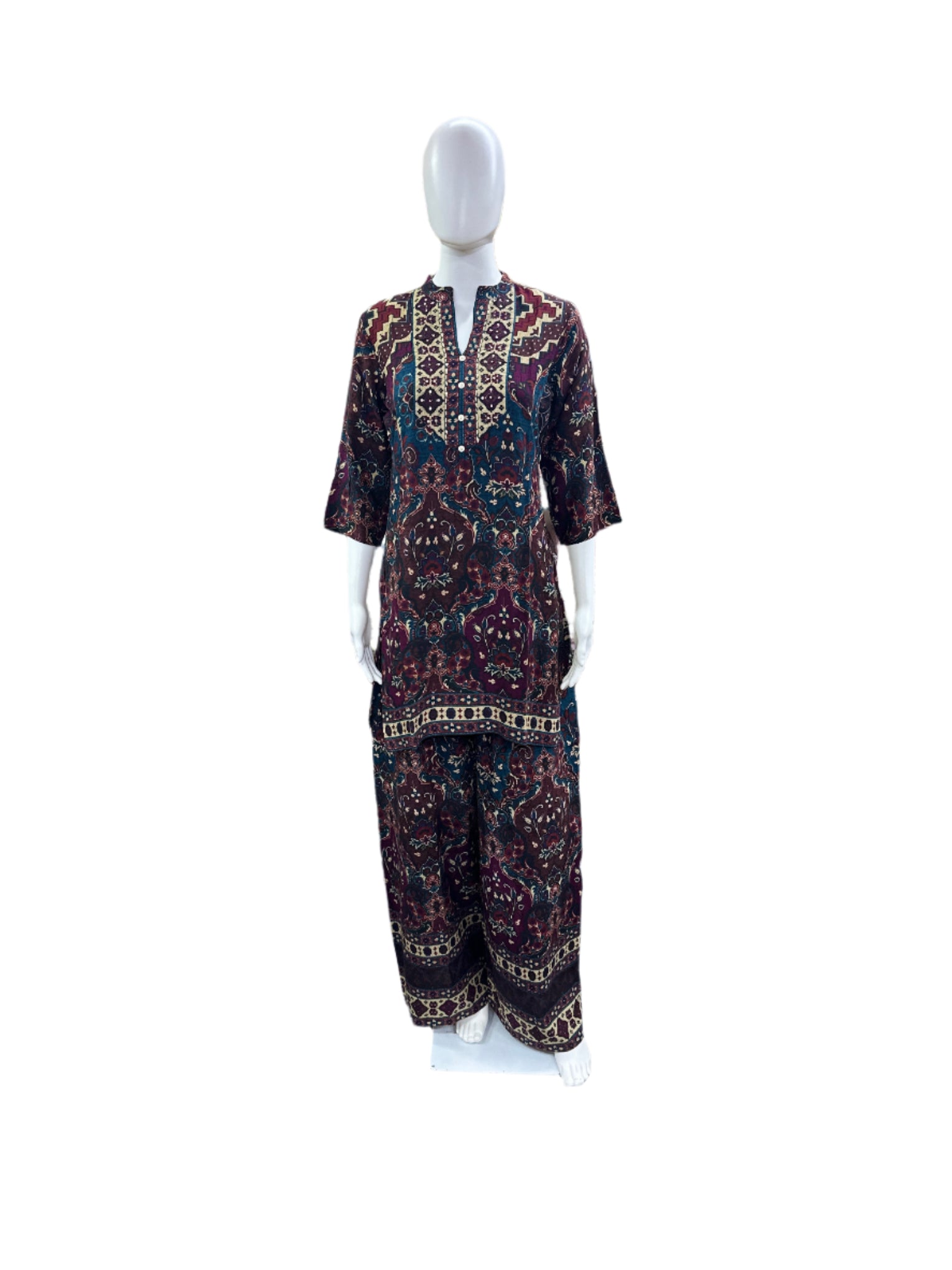 Premium Rayon Co-Ord Set - Traditional Kantha Work on Yoke & Flowing Palazzo - Vibrant Multi-Color