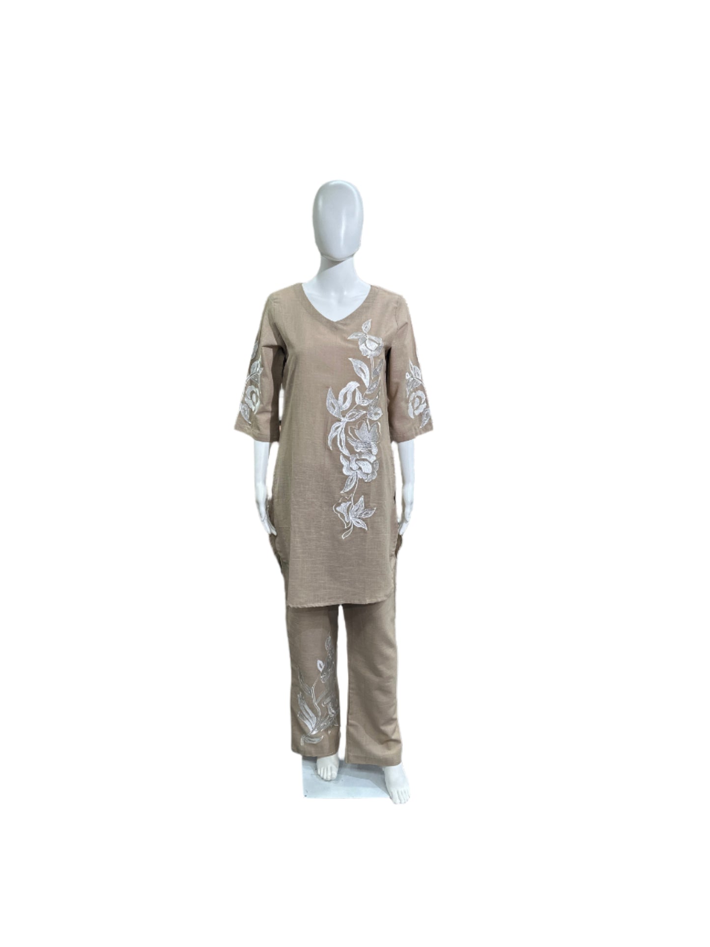 Cotton - Co-Ord Set w Embroidery - Light Brown