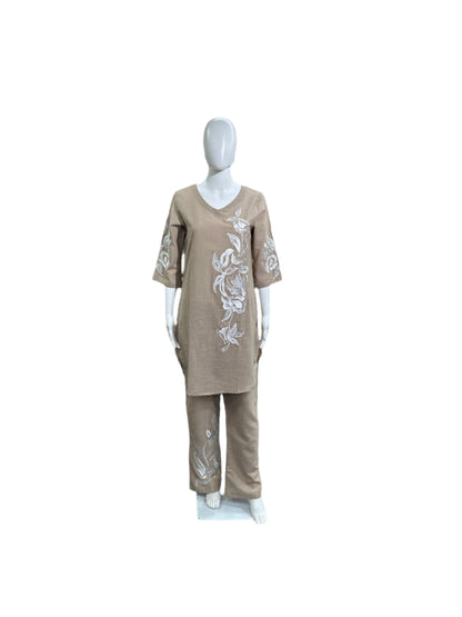 Cotton - Co-Ord Set w Embroidery - Light Brown